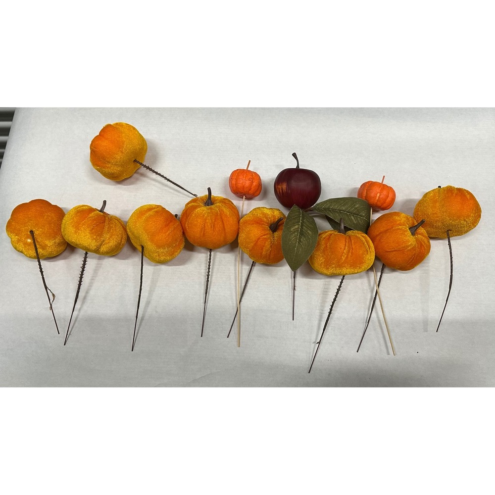 Artificial Fall Harvest Picks Velvet Pumpkins Faux Apple 12 Piece Set Orange Red